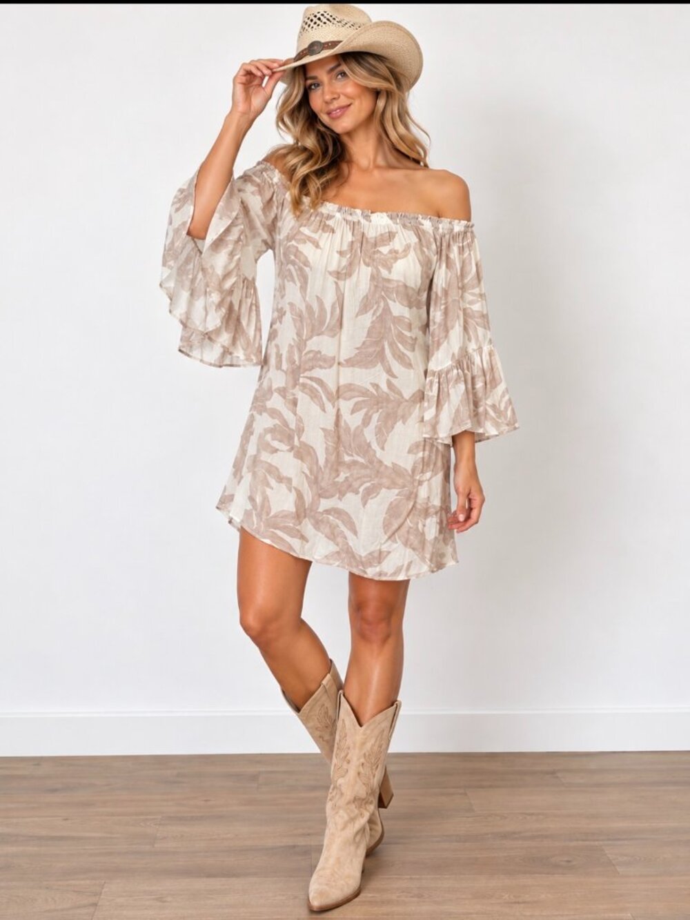 ELAN Mini Dress Off Shoulder Botanical Print Size O/S 3/4 Bell Sleeves Boho